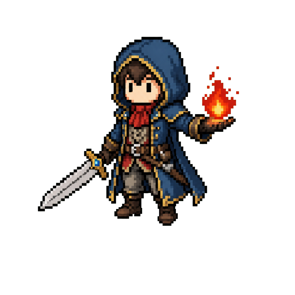 Pixel art spellblade character holding a sword and red flame